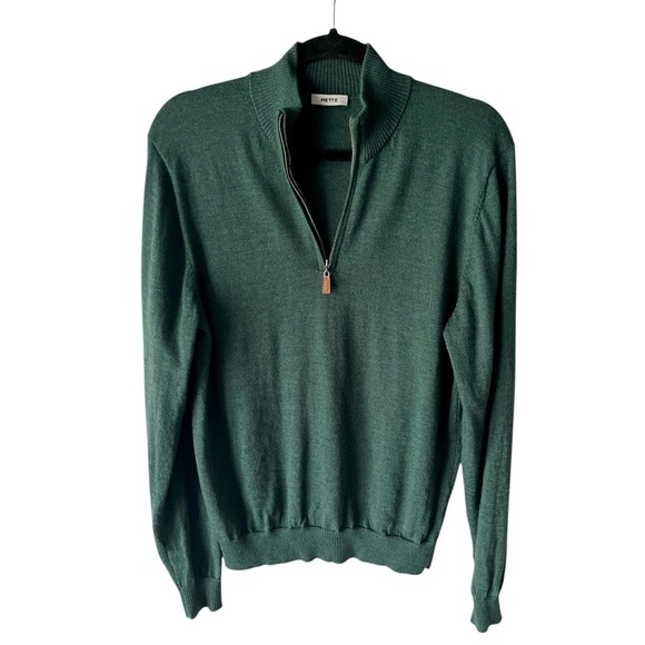 METTE Merino Wool 1/4 Zip Polo Mock neck Sweater Forest Green Large - Picture 1 of 7
